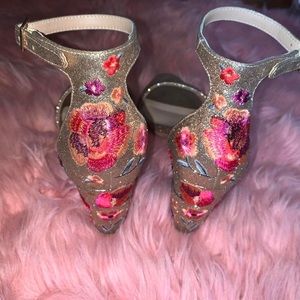 Embroidered Floral Sparkly Gold Heels